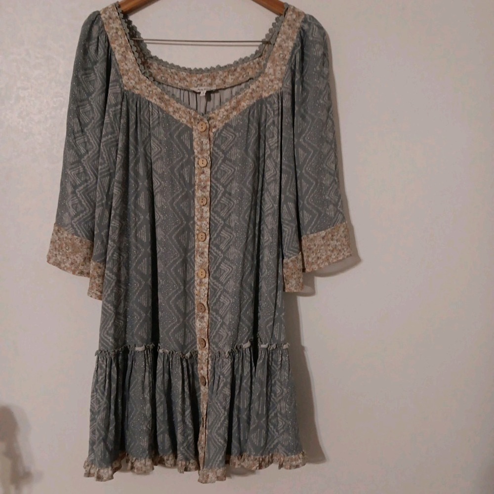 White Birch Women's Midi Dress Sz S Blue Button Down Front Embroidered Neckline